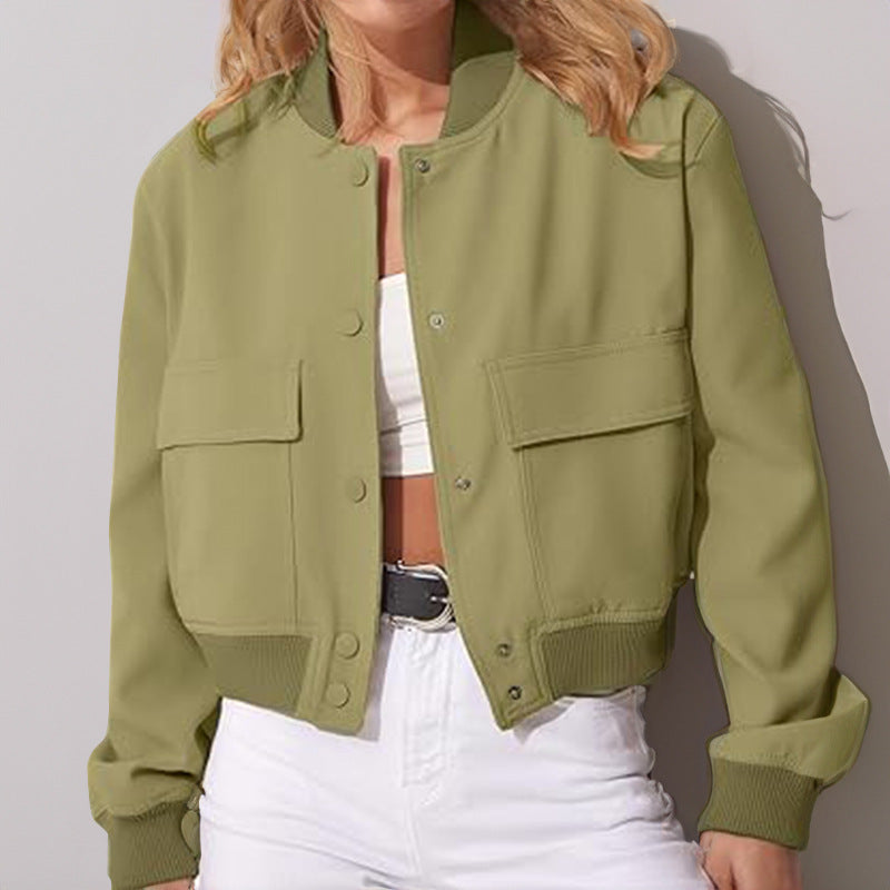 Fashion Button Stand-collar Jacket With Big Pockets Casual Loose Short Outwear Tops Coat For Women Clothing - cas7m