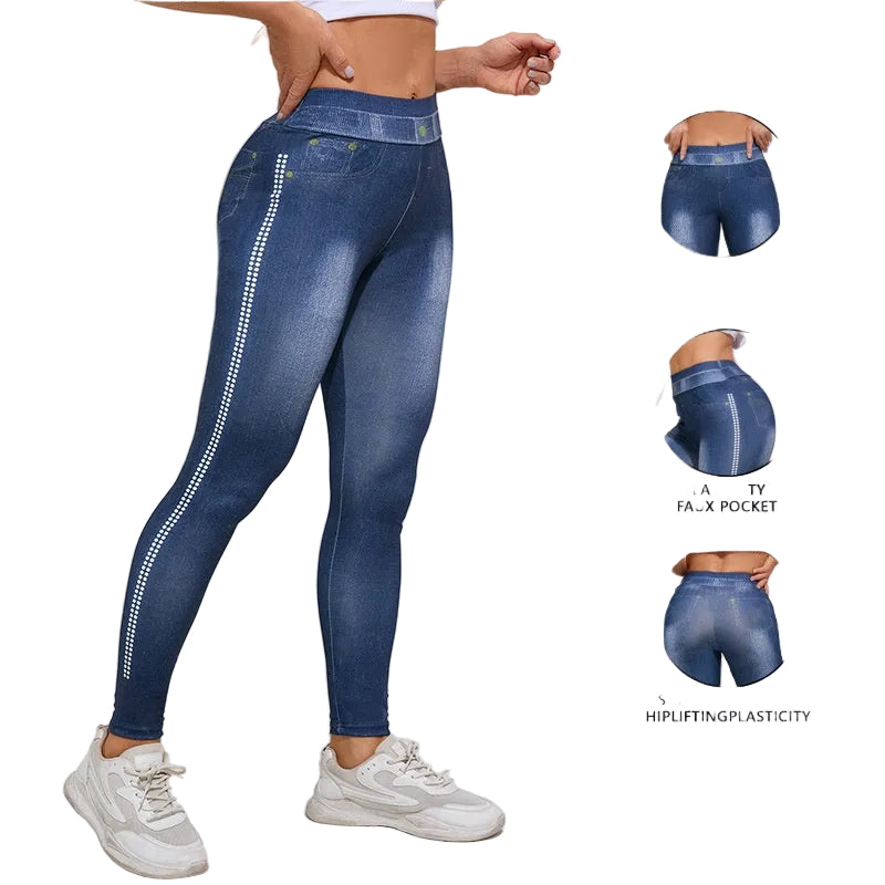 Blue leggings with fashion print design, elasticity, and M-shaped buttockline on a white background.