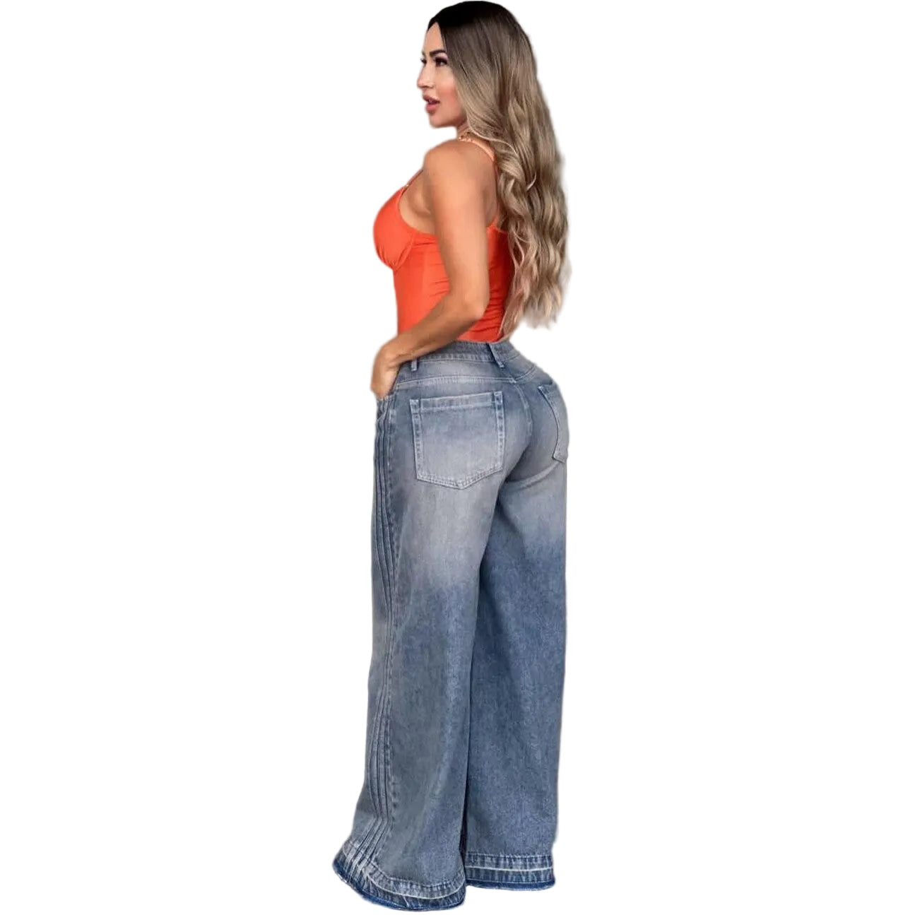 Women's High-Waisted Wide-Leg Jeans with Side Stripes Straight Leg Long Pants Summer New Style