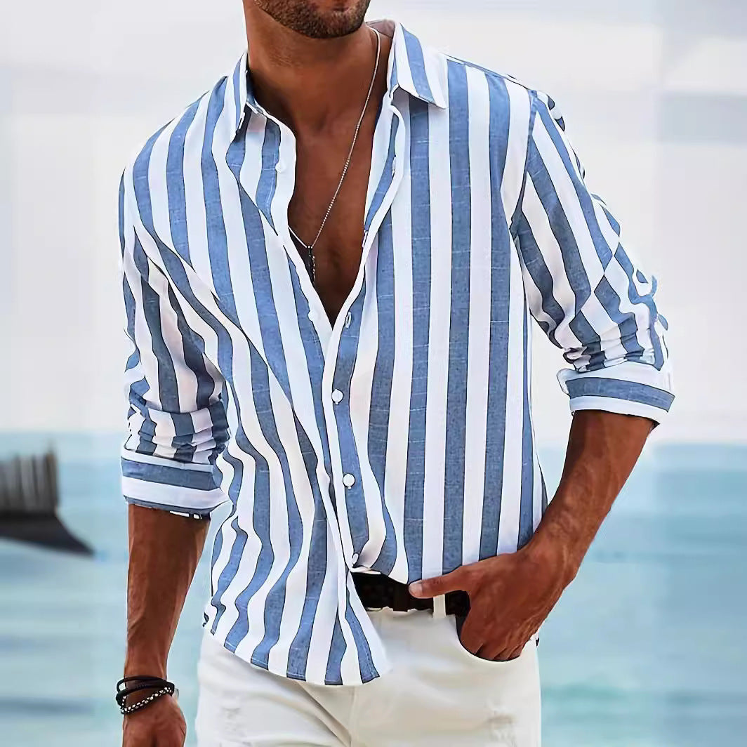 Striped Print Shirt Casual Loose Long-sleeved Shirt Men's Clothing - cas7m