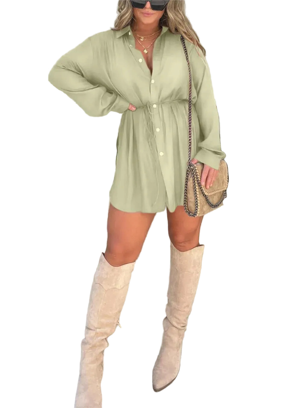 Women's Long Sleeve Jumpsuit With Button Fashion Shirt Dress - cas7m