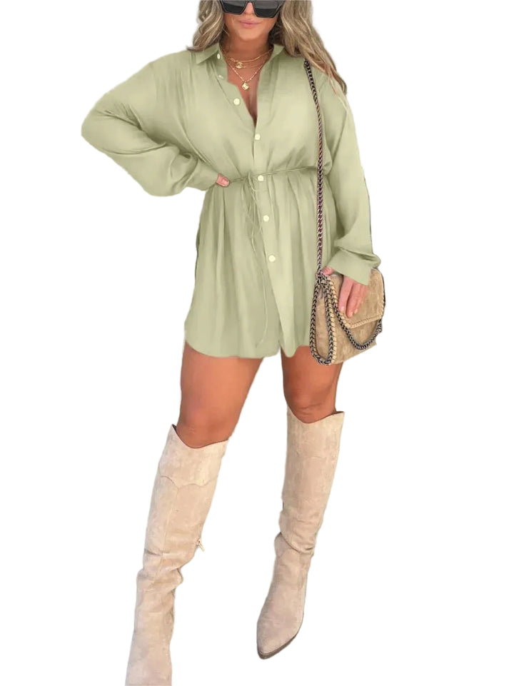 Women's Long Sleeve Jumpsuit With Button Fashion Shirt Dress - cas7m