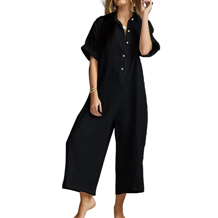 Casual Loose Long Jumpsuit Short Sleeve Rompers - cas7m
