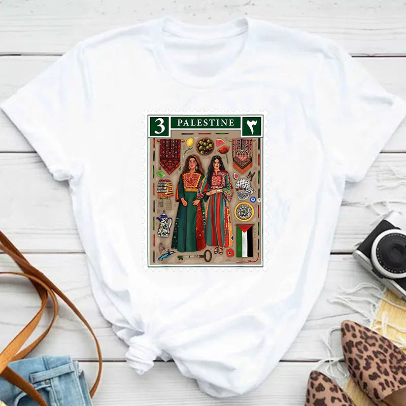 Harajuku Palestine Stamp Retro Plus Size T-shirt Women Vinta - cas7m