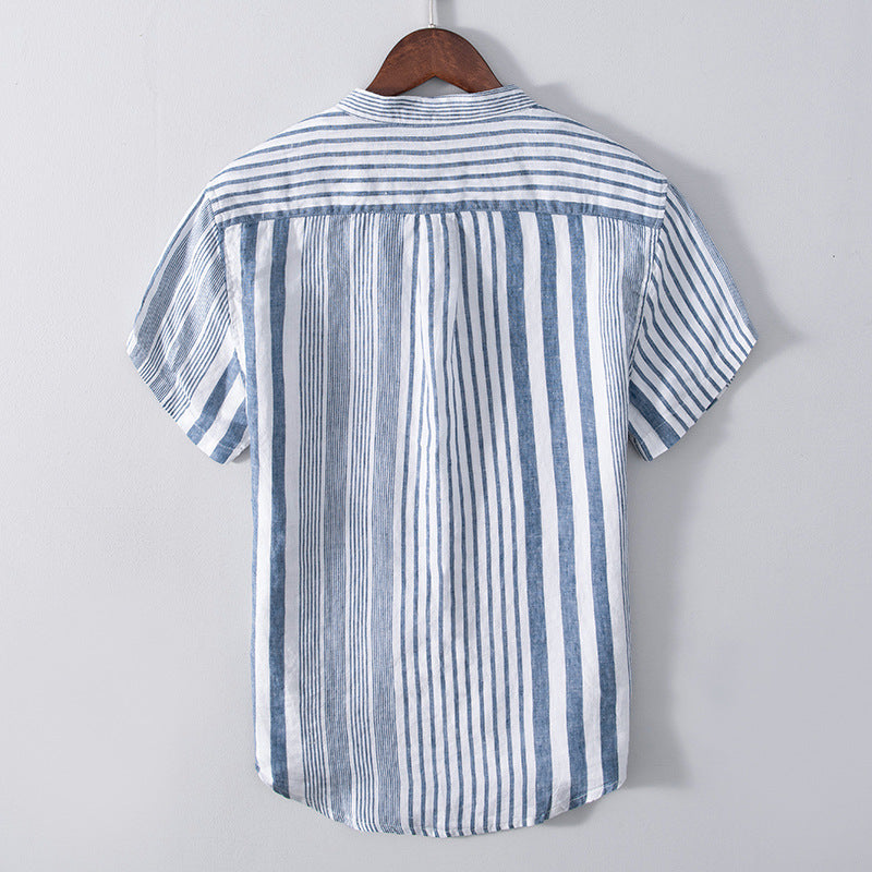 Men's Half Sleeve Striped Shirt Casual Linen Breathable Color Matching Short Sleeve Shirt Men - cas7m