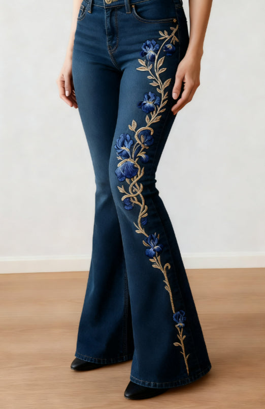 Women's Casual Floral Print Slim-fit Flared Jeans - cas7m