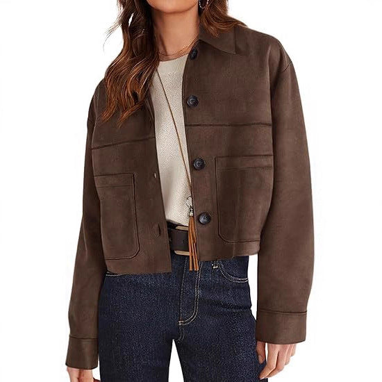 European And American Style Women Faux Suede Short Jacket Casual Lightweight Autumn Fashion - cas7m