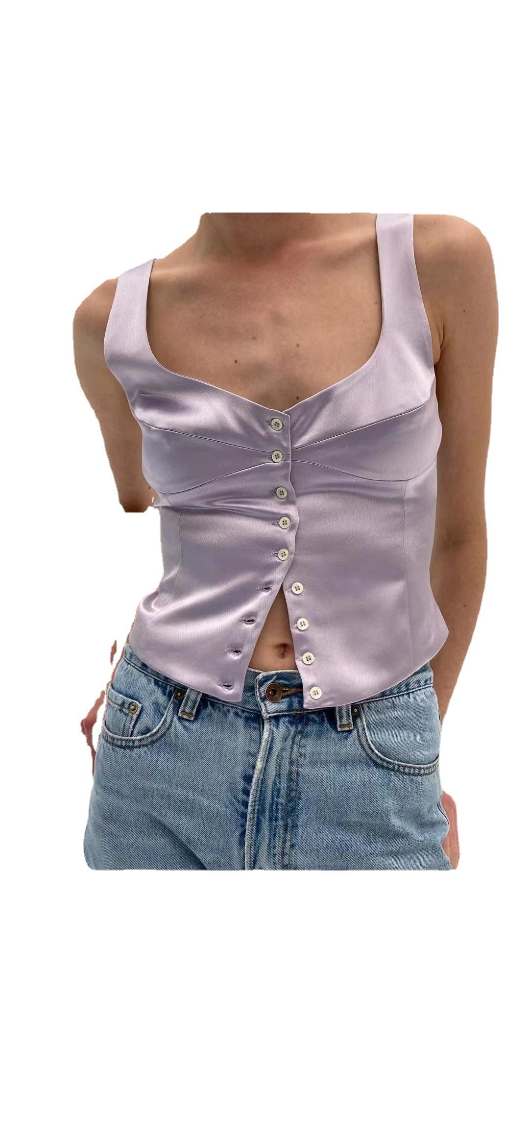 Woman Square-neck Small Slip Top Button Backless Sleeveless Vest - cas7m