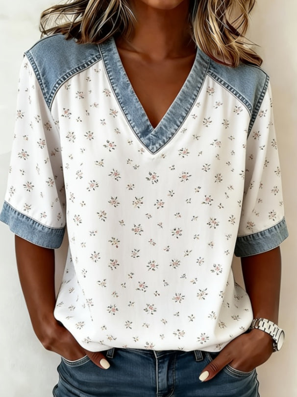 Color-blocked V-neck Raglan Sleeve T-shirt For Women, Loose Fit, Casual And Versatile Short Sleeve. - cas7m