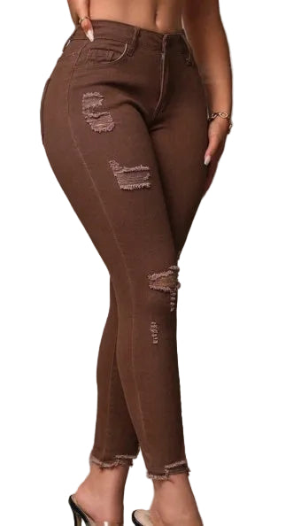 Women's Ripped Slim Fit Nine-Point Denim Jeans - cas7m