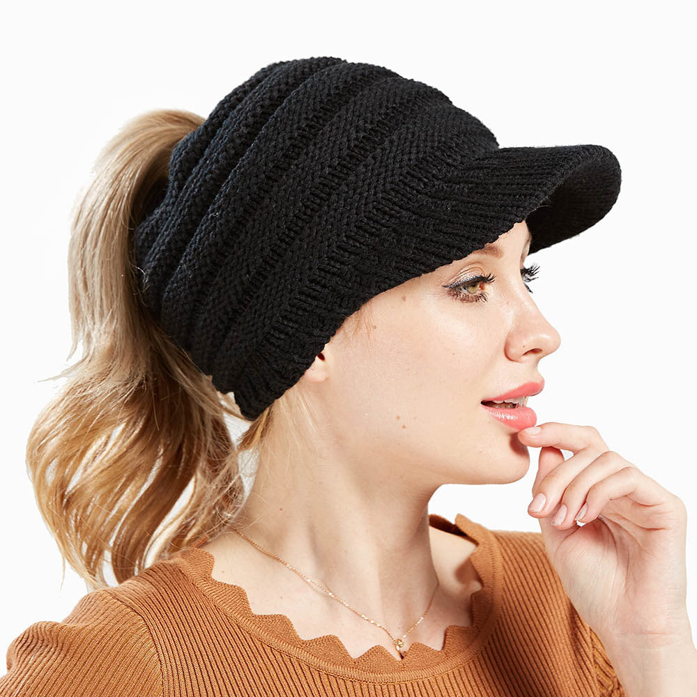 BeanieTail Knit Hat for Stylish Ponytails & Buns - Warm & Versatile - cas7m