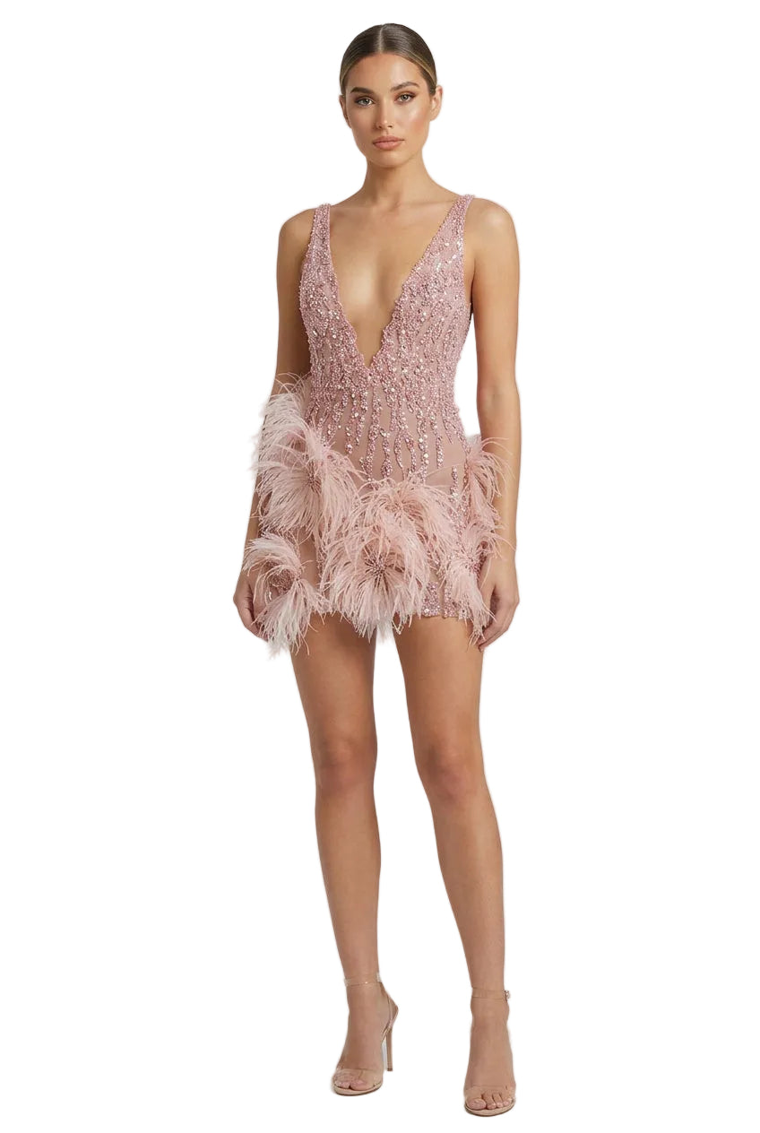 Pink beaded and feathered dress worn by a person against a neutral background