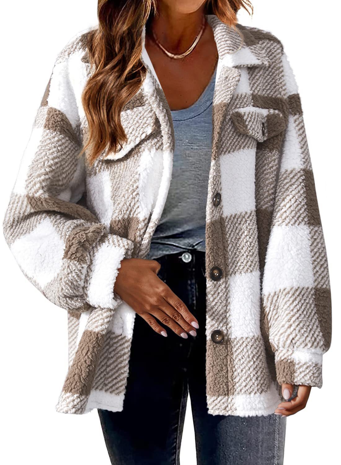 Turndown Collar Plaid Jacket With Pockets Single Breasted Button Down Woolen Jacket Autumn And Winter Clothes For Women - cas7m