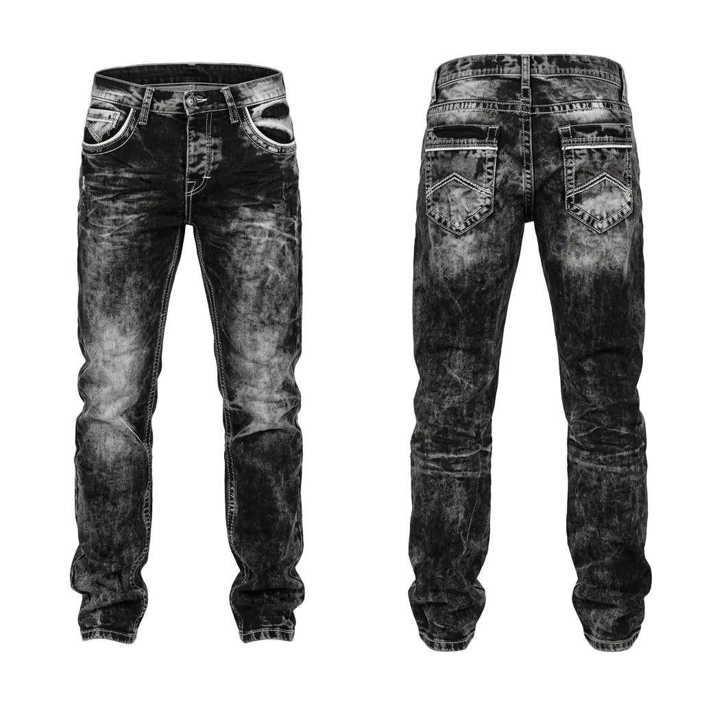 Black distressed jeans worn by two people on a white background