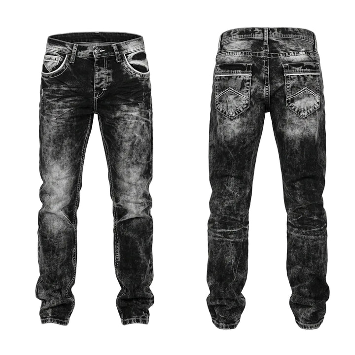 Black distressed jeans worn by two people on a white background