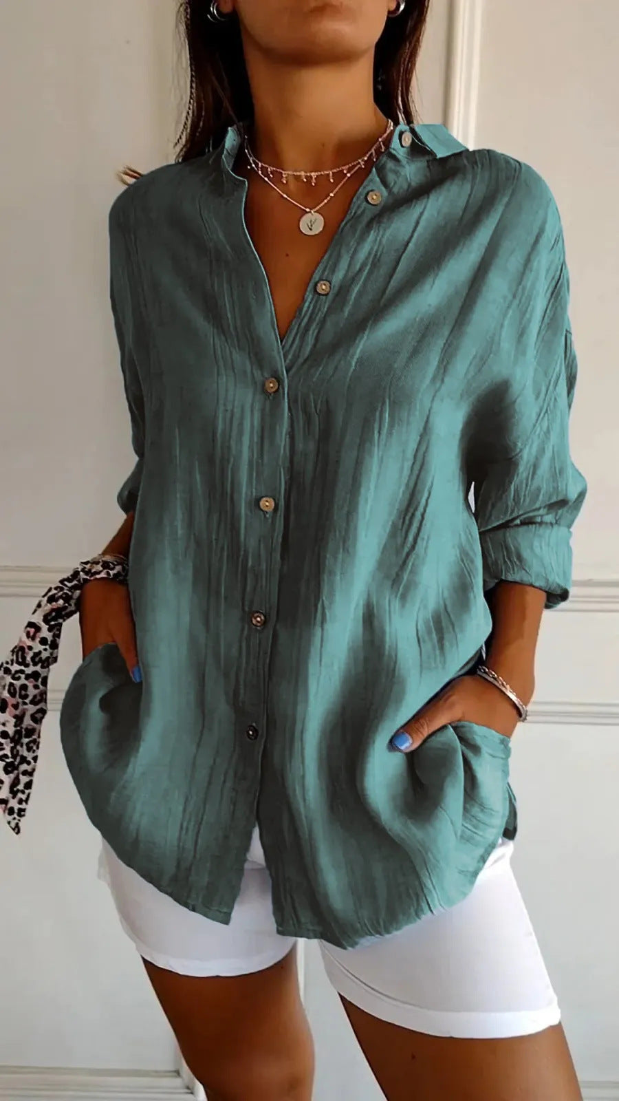 Lapel Long Sleeve Shirt Women's Single-breasted Pleated Shirt Tops Clothing - cas7m