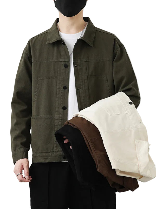 Men's Pure Cotton Lapel Jacket Solid Color Long Sleeve Casual Loose Coat