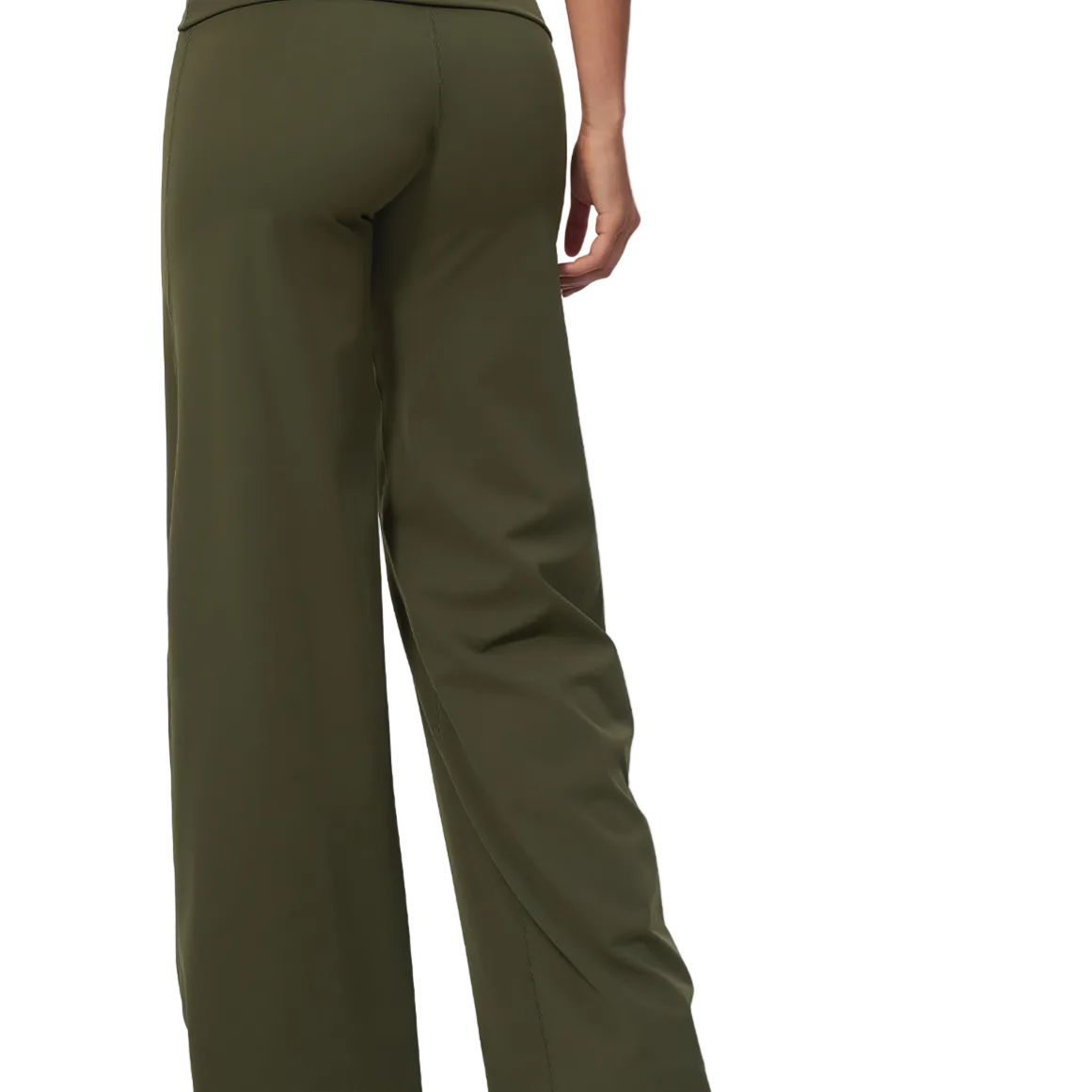 A close-up back view of a person wearing olive green wide-leg trousers against a light gray studio background.
