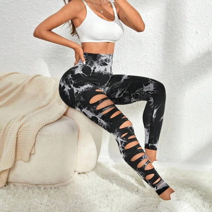 Hollow Tie-dye Yoga Pants High Waist Hip Lift Fitness Pants - cas7m