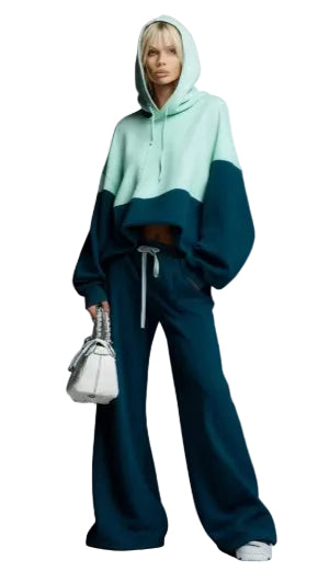 Color-blocked Hoodie And Wide-leg Pants Two-piece Set - cas7m