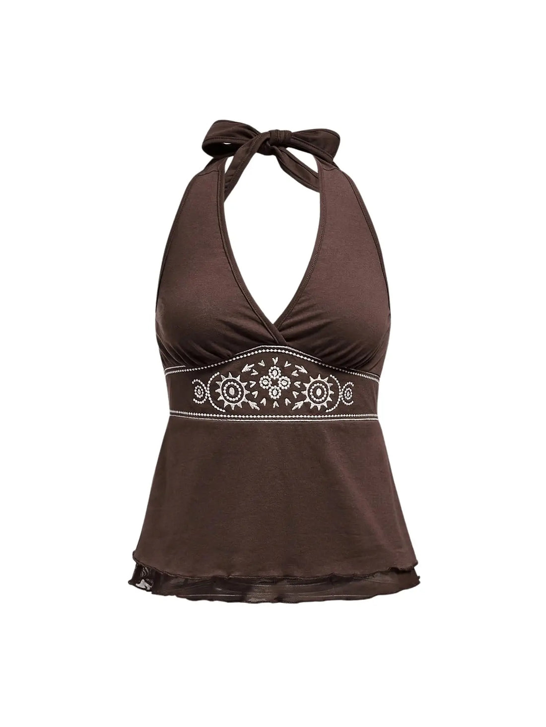 A dark brown halter-neck bikini top with a tie at the collar and a decorative white embroidered band around the waist, shown against a plain white background.