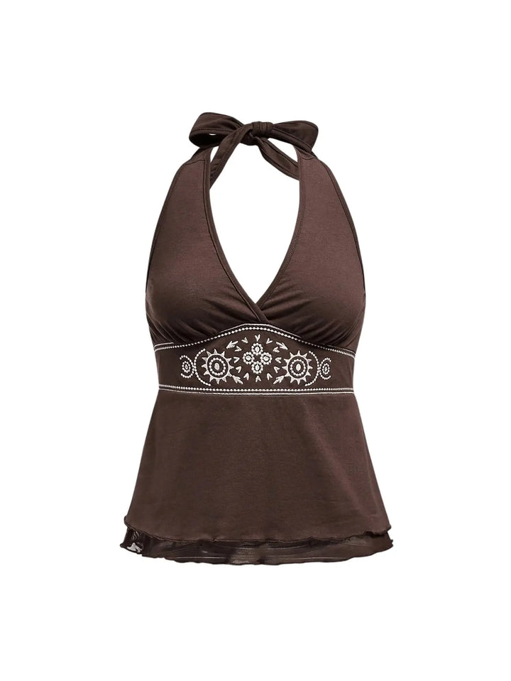 A dark brown halter-neck bikini top with a tie at the collar and a decorative white embroidered band around the waist, shown against a plain white background.