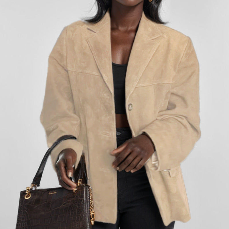 Women's Retro Brown Loose Long Sleeve Jacket - cas7m