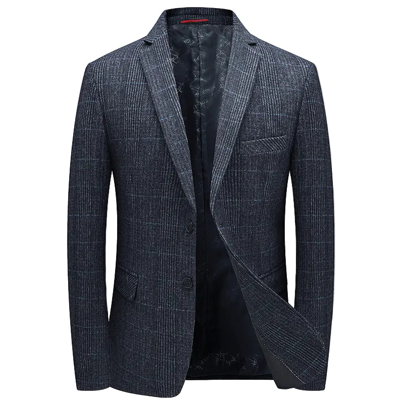 A men's single-breasted blazer in a dark navy blue and gray micro-check plaid pattern, shown open against a solid white background.