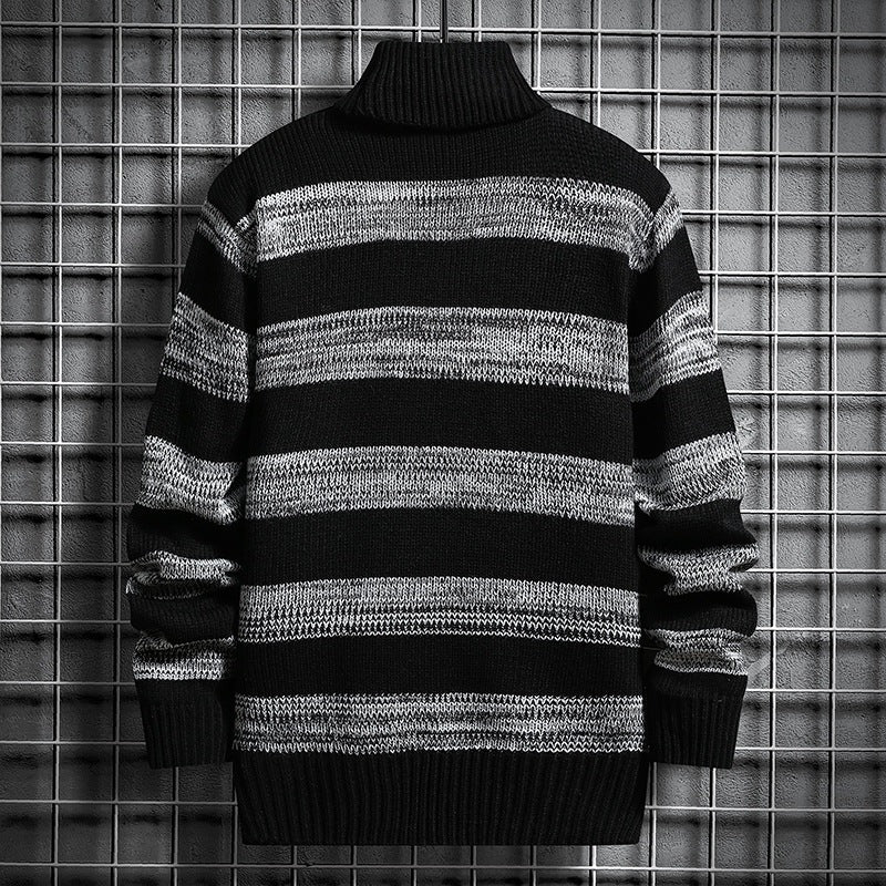 High-neck Men's Autumn And Winter Long-sleeved Trendy Slim Striped Sweater - cas7m