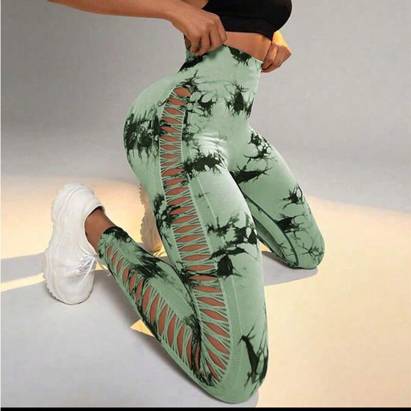 Hollow Tie Dye Printed Yoga Pants High Waist Butt Lift Seamless Sports Gym Fitness Leggings Slim Pants For Women Tight Trousers - cas7m