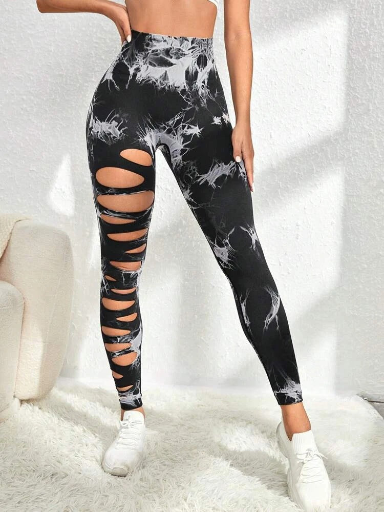 Hollow Tie-dye Yoga Pants High Waist Hip Lift Fitness Pants - cas7m