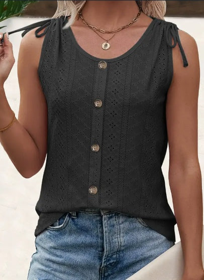 Eyelet Button Front Tank Top, Casual Sleeveless Tank Top For Summer, Women's Clothing - cas7m