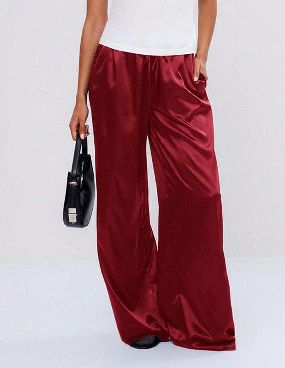 Satin Loose Wide Leg Drawstring Long Pants - cas7m