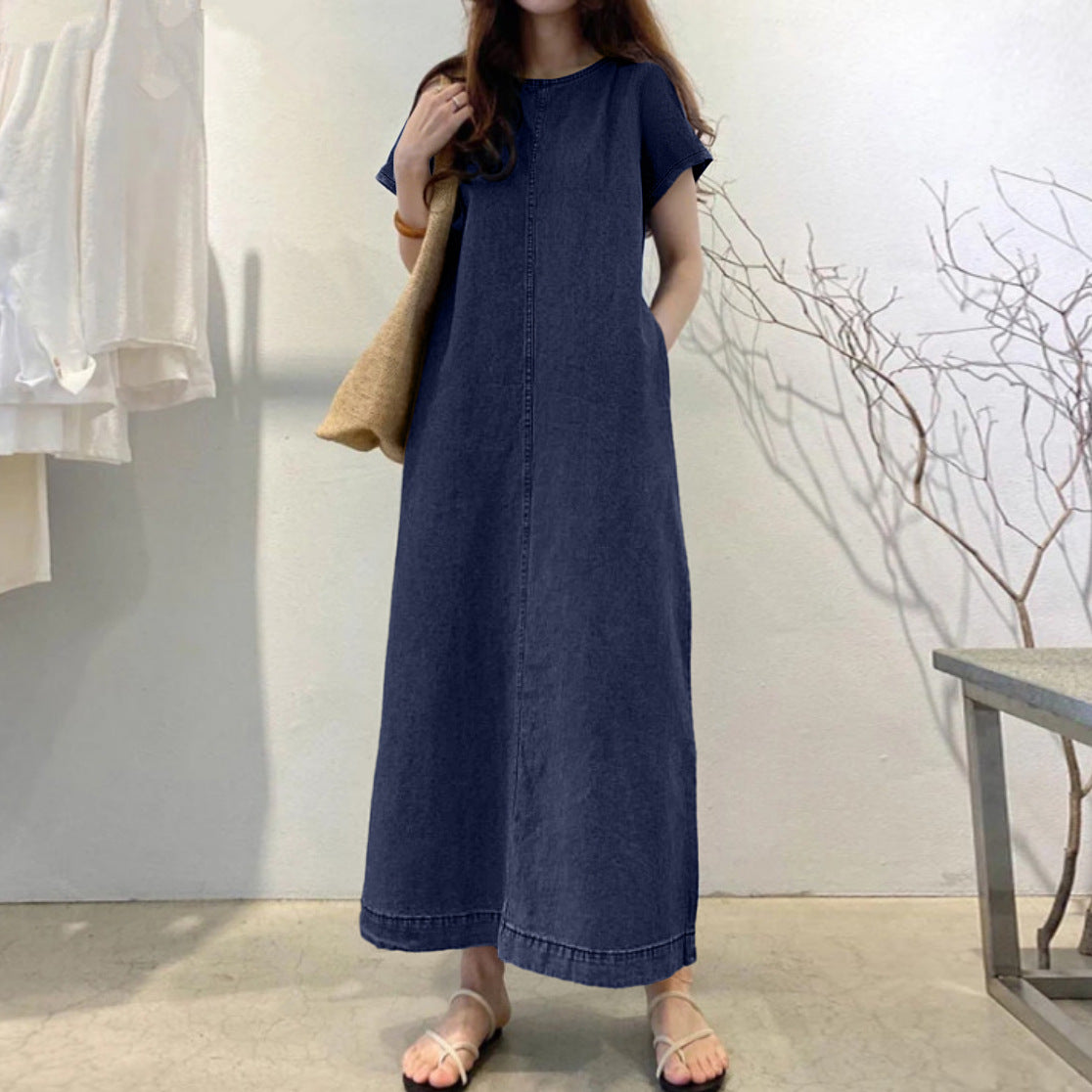 Womens Solid-Color Fashionable Round-Neck Loose-Fit Pocketed Dress - cas7m