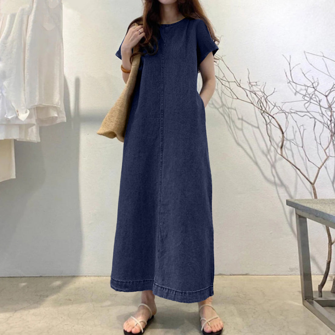 Womens Solid-Color Fashionable Round-Neck Loose-Fit Pocketed Dress - cas7m