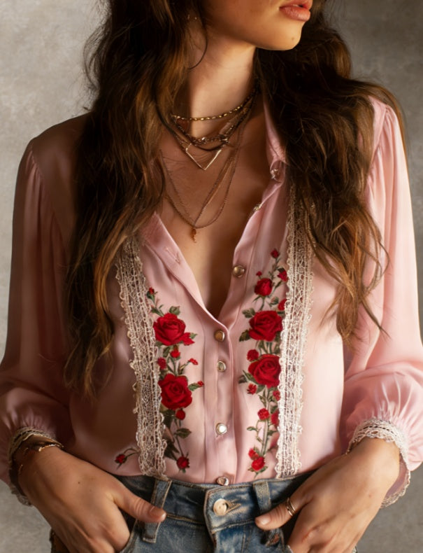 French Retro Style Lace Floral Print Shirt For Women - cas7m
