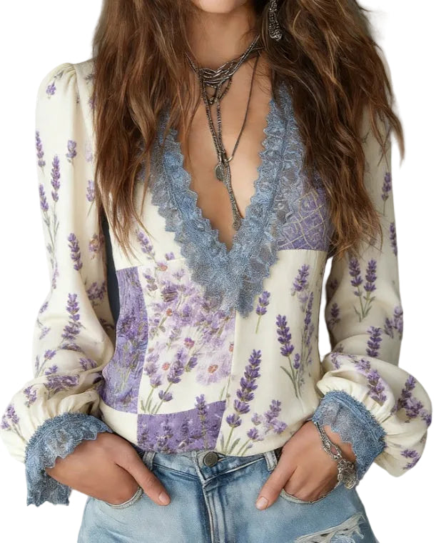 French Retro Style Printed Lace Patchwork Shirt For Women - cas7m