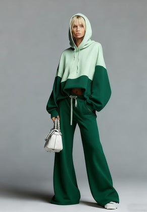 Color-blocked Hoodie And Wide-leg Pants Two-piece Set - cas7m
