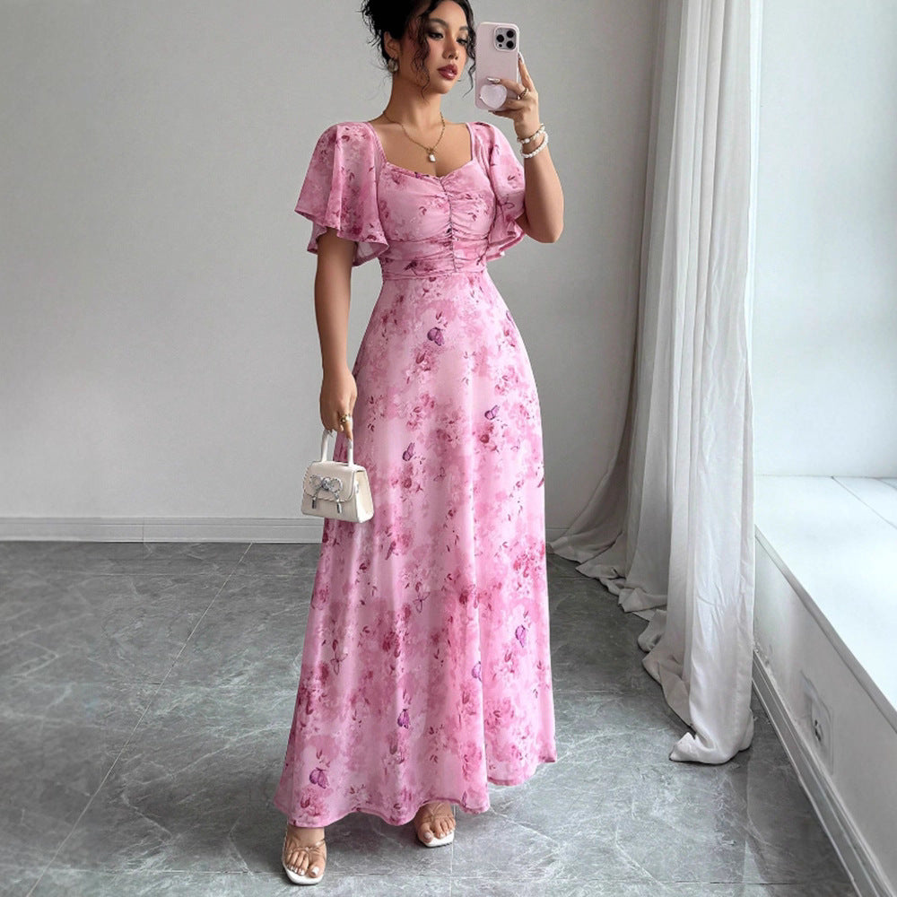 Flowers Printed Lotus Sleeve Dress Summer Elegant Slim Dresses Women's Clothing - cas7m