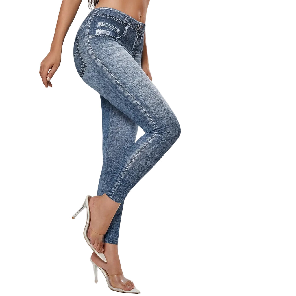 Blue jeans with fashion printing technology, faux pocket, and denim-like fabric on a white background.