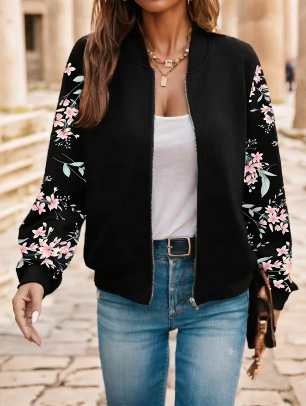 Floral Print Zip Up Jacket - cas7m