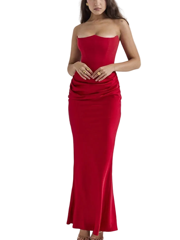 Red strapless gown on a white background