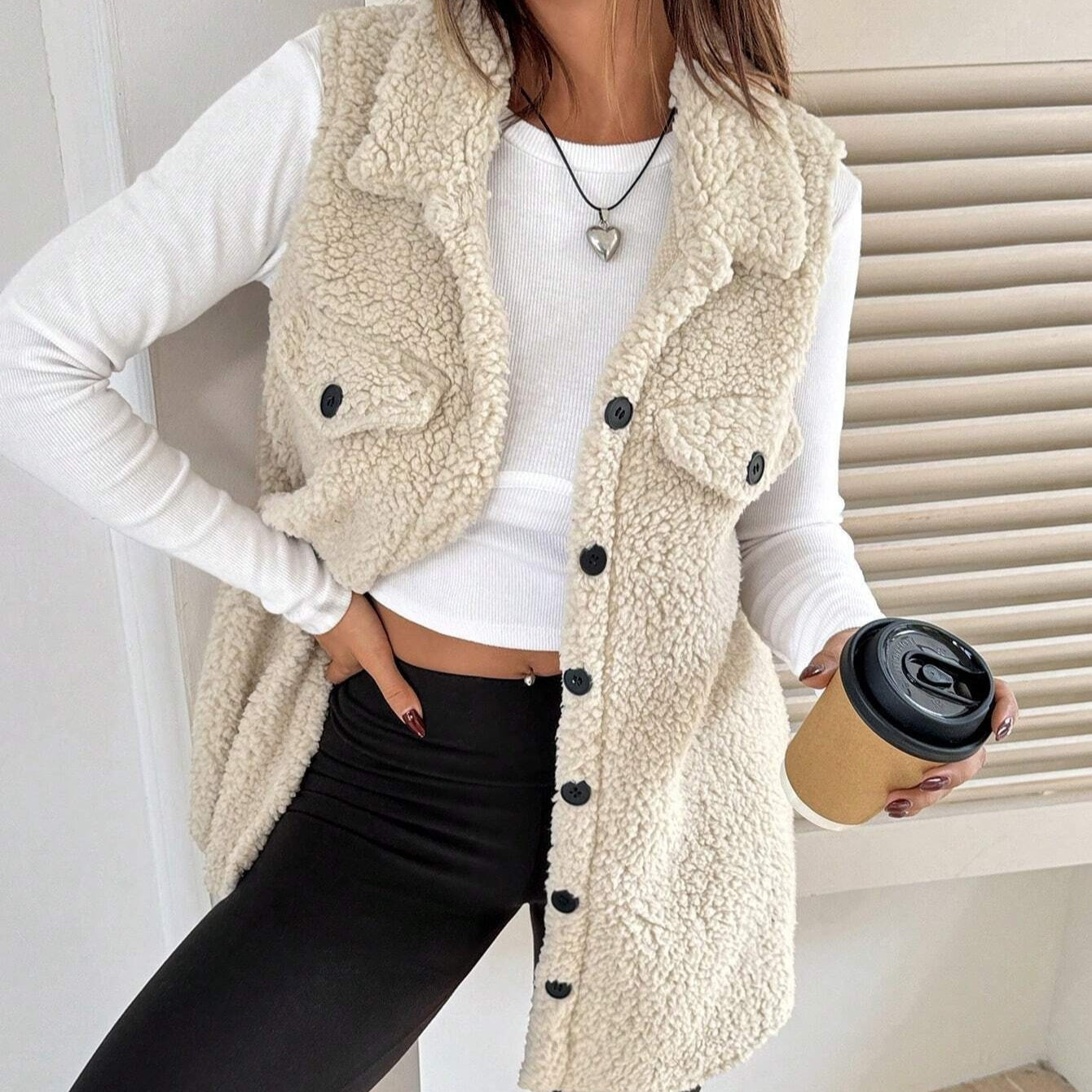Lapels Open Button Plush Vest Cardigan - cas7m