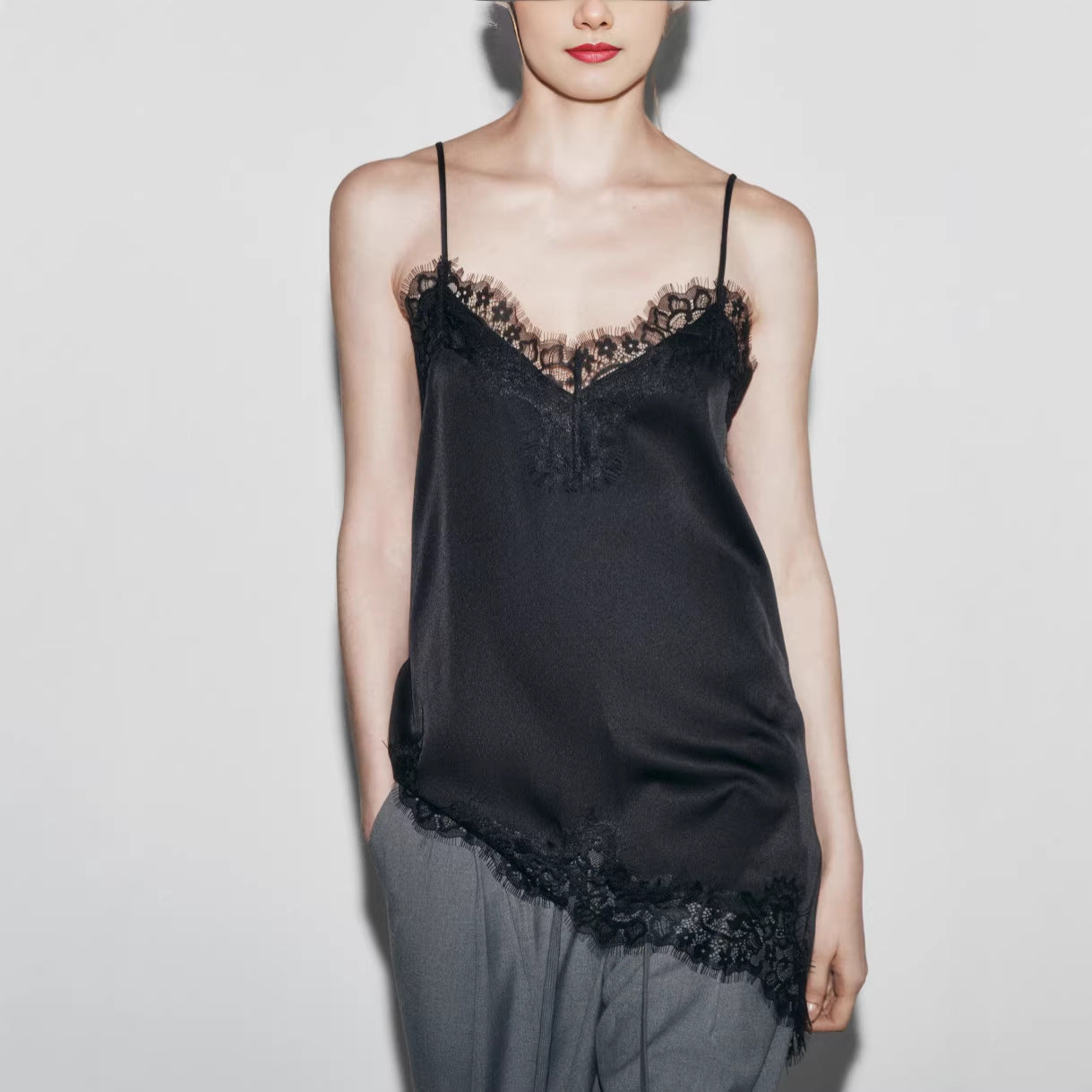 Womens Lace-Panel Irregular Adjustable Tank Top - cas7m