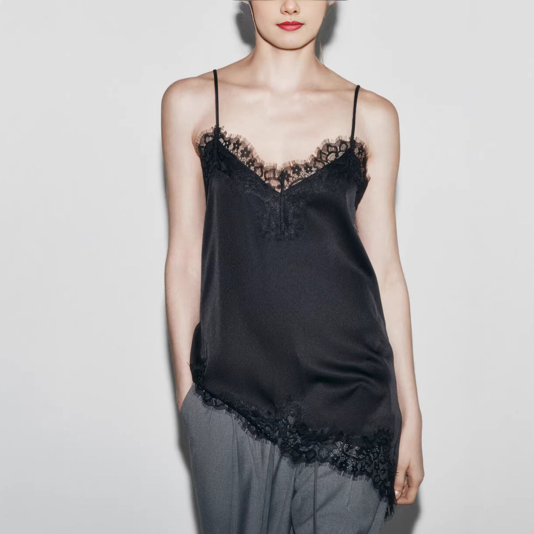 Womens Lace-Panel Irregular Adjustable Tank Top - cas7m