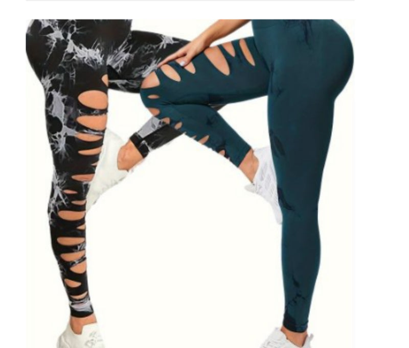 Hollow Tie-dye Yoga Pants High Waist Hip Lift Fitness Pants - cas7m