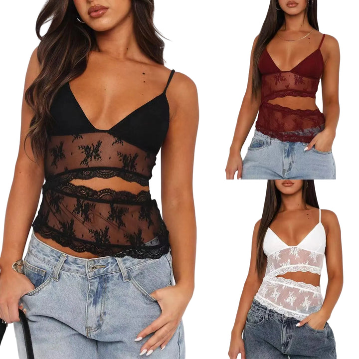Lace Stitched Backless Small Sling Women V Neck Tank Top Underwear Vest Candy Color Bralette Clothes - cas7m