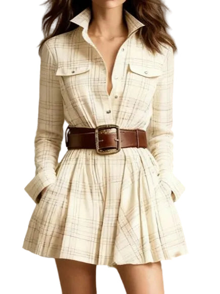 Plaid dress with a belt on a plain background