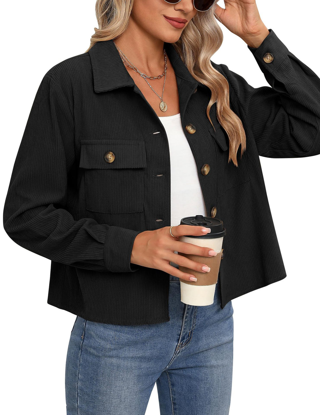 Corduroy Button Cropped Jacket For Women - cas7m