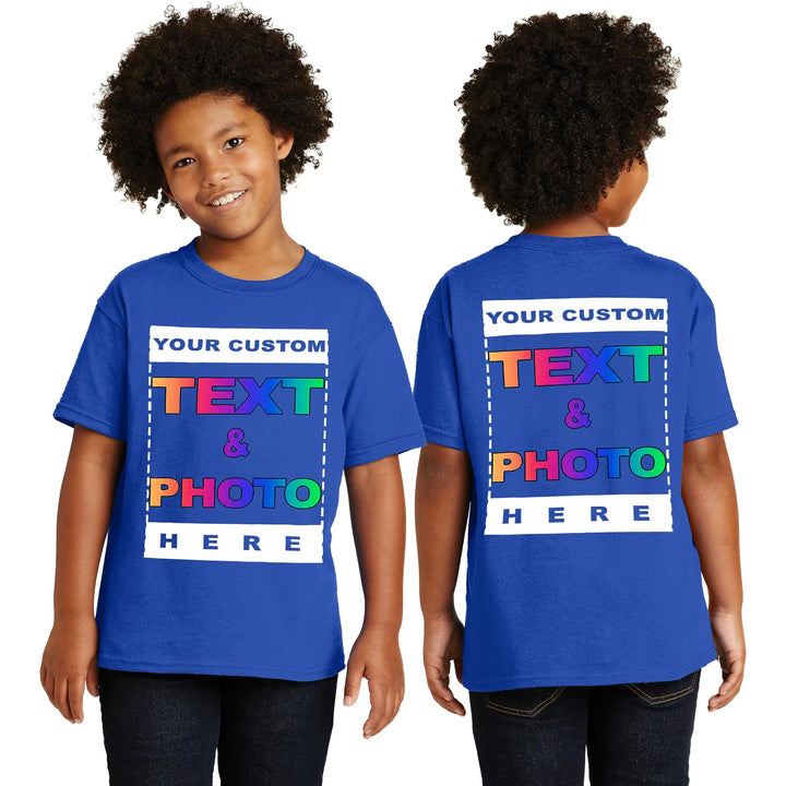 Blue t-shirt with customizable text and photo area on front and back, worn by a child.